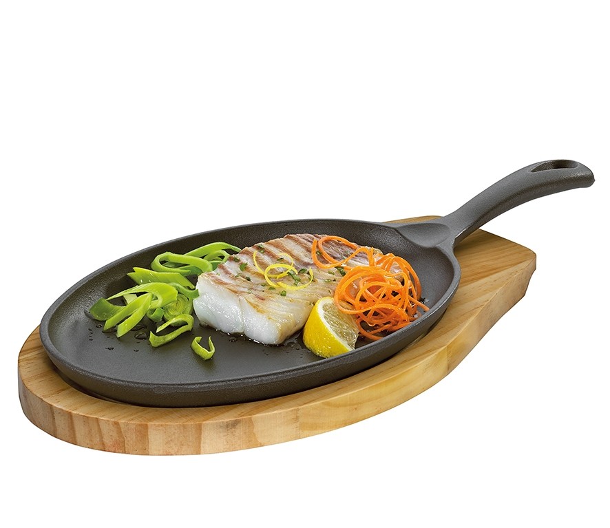 Küchenprofi BBQ Grill-/Servierpfanne oval mit Holzbrett 39 x 20 x 5cm