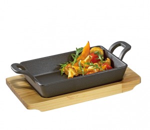 Küchenprofi BBQ Grill-/Servierpfanne eckig mit Holzbrett 21,5 x 12,5 x 6cm